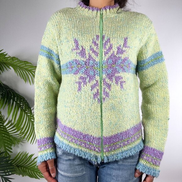 Vintage 90s Womens Green Cottagecore Grandma Sweater Zip Up Cardigan / 2 - Picture 4 of 8
